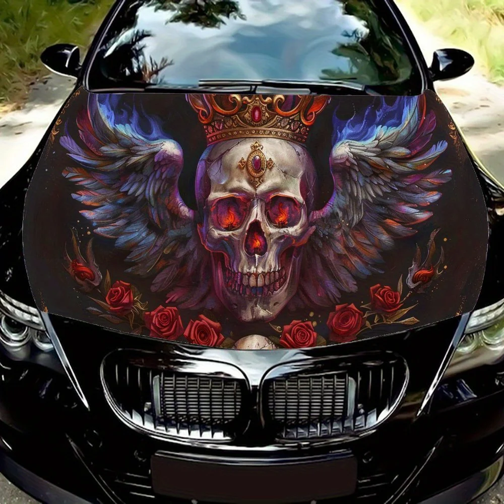 

Skull and Crowned Wing Fusion Car Vinyl Wrap, PVC Waterproof Car Hood Sticker, Self-Adhesive Scratch-Resistant Stickers for Engi