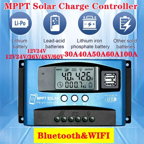 MPPT 태양광 충전 컨트롤러, 블루투스 및 WIFIDual USB LCD 디스플레이, 자동 패널 레귤레이터 충전, 30, 40, 50, 60, 100A