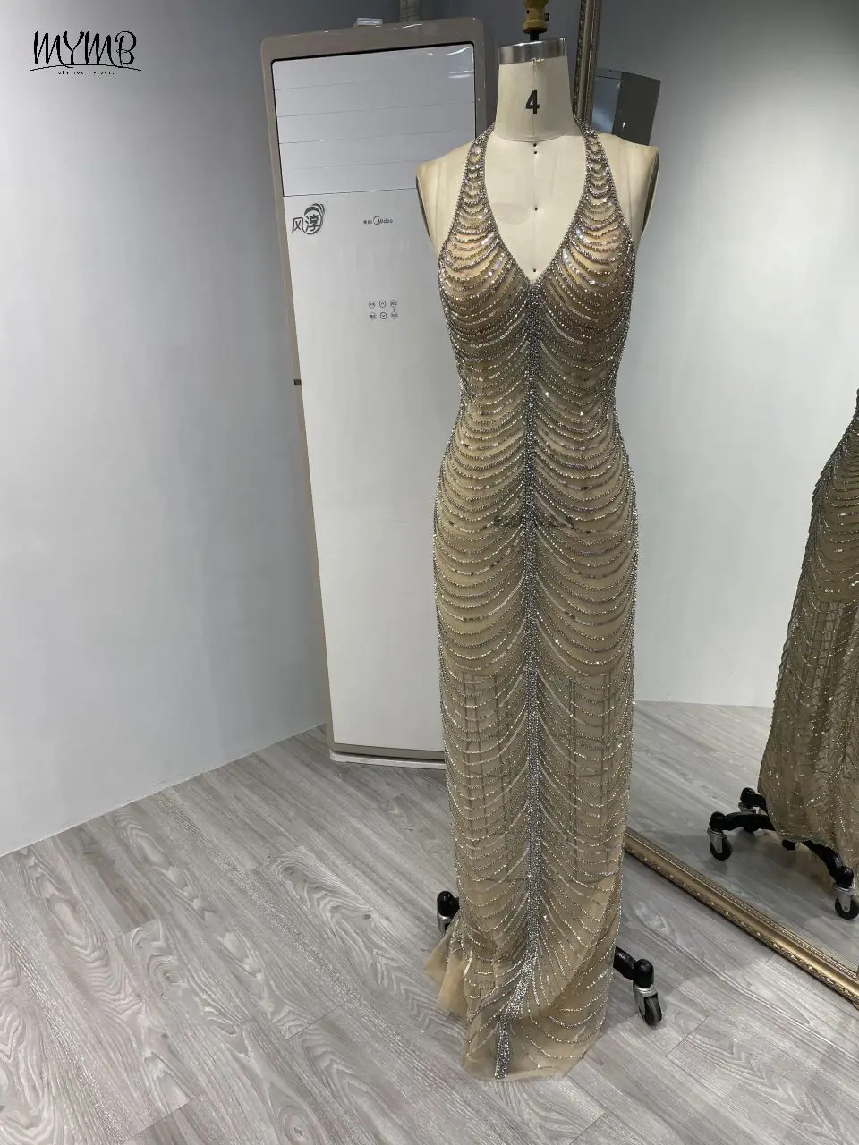 MYMB Champagne Luxury Mermaid Halter Beaded Tassel Cocktail Dresses for Women Party 2024 Sexy V Neck Backless Evening Ball Gowns