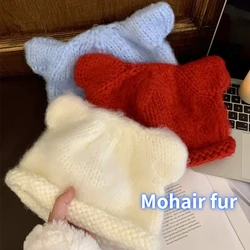 Puszysta czapka z dzianiny Mauhair Korea Y2k Bear Ears Cute Beanies Hat Kobiety Jesień Zima Ręcznie robiona szydełkowa czapka Ciepłe nakrycie głowy Hurtownia