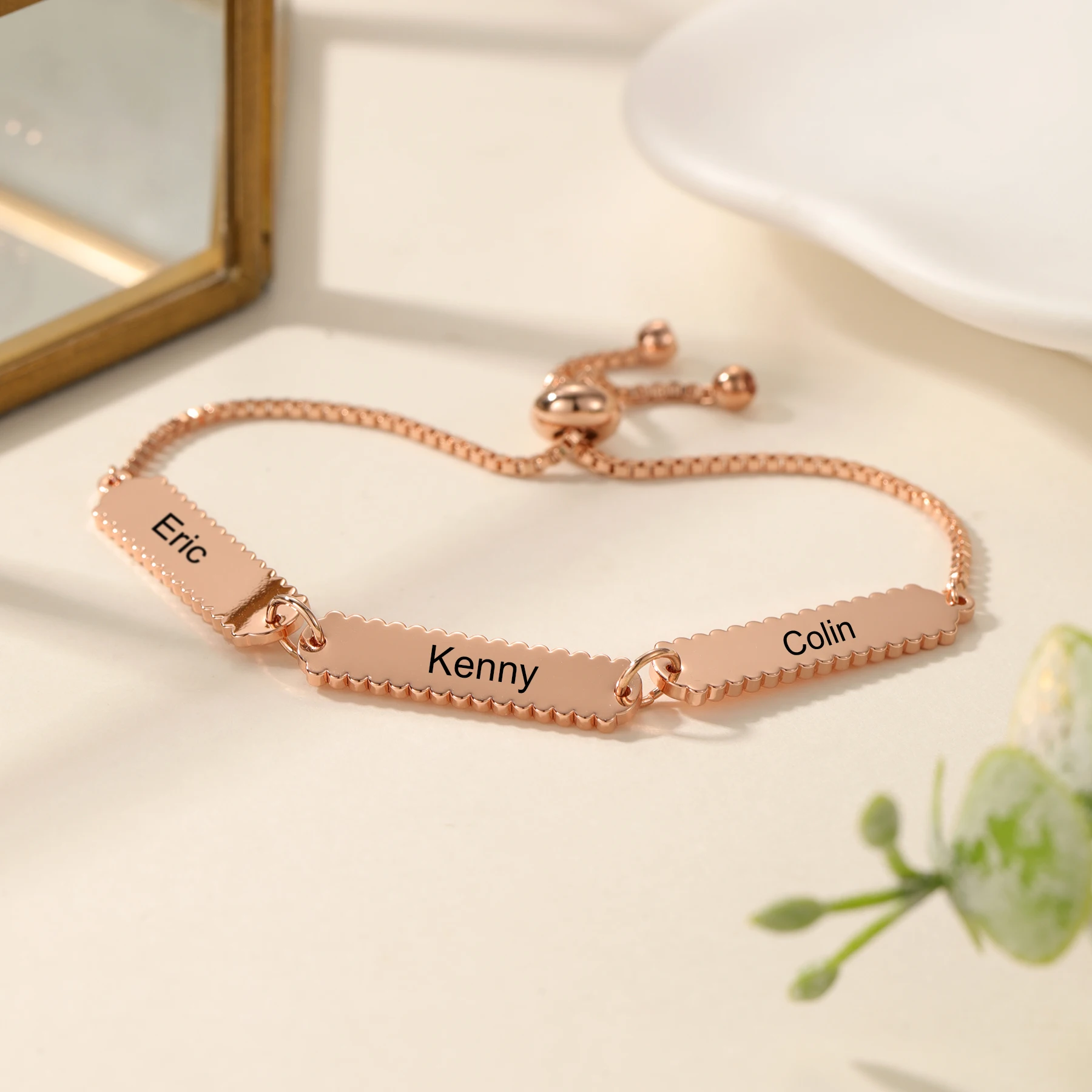 

Custom Name Bracelet for Family Personalized Engraved Rectangular Links Adjustable Sliding Knot 18K Gold Plated Gift for Mom