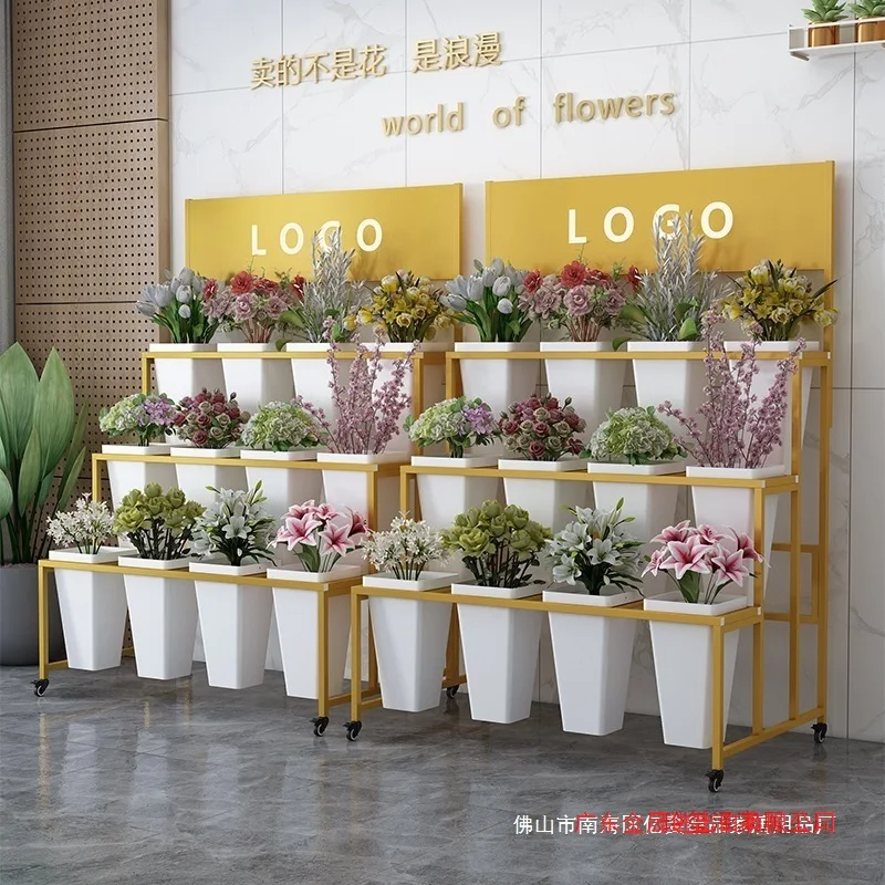 Florist flower arrangement Plastic bucket holder Indoor and outdoor with wheels Movable Wrought iron light luxury display stand