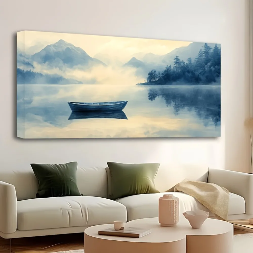 

1.5 inch thick pine solid wood frame, lake scenery print, forest scenery boat painting, interior decoration