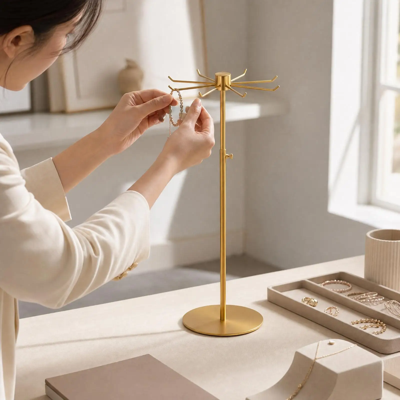 Jewelry Display Rack with Hanging Hooks Adjustable Height Bracelet and Necklace Display Stand Stainless Steel Jewelry Stand