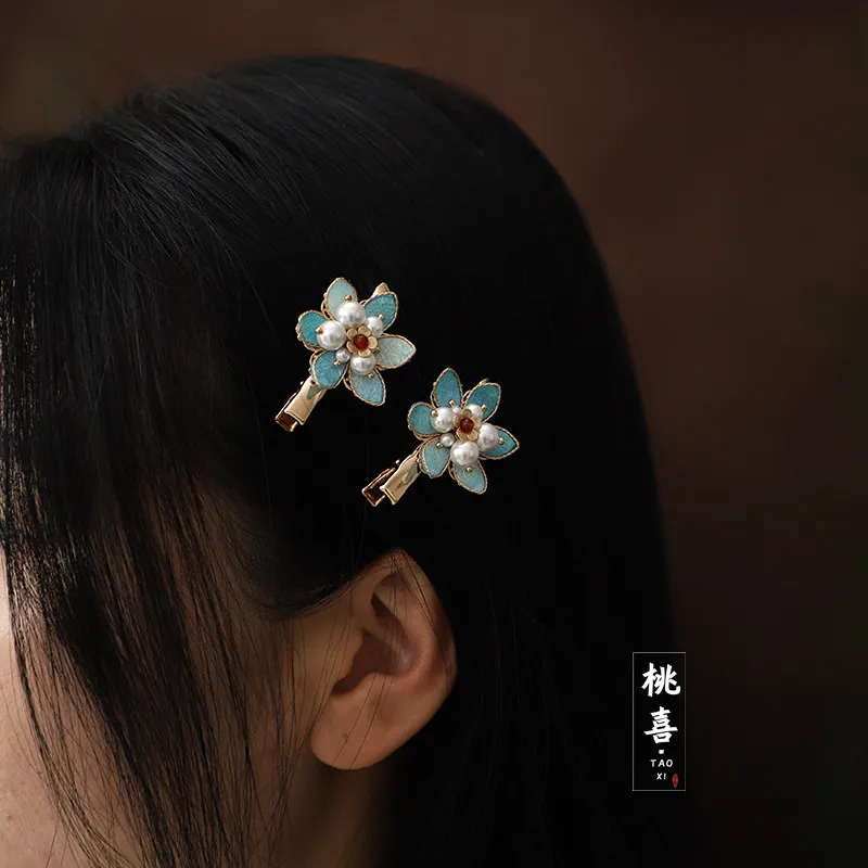 Blue Narcissus Filigree Flower Hair Clip Exquisite Daily Side Chinese Vintage Hanfu Accessory for Women Handmade Jewelry Gift
