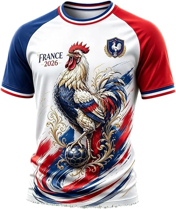 Men's French 2026 Football T-shirt with Gaul Rooster Football Print, Blue and Red Raglan Sleeves and Tricolor Collar