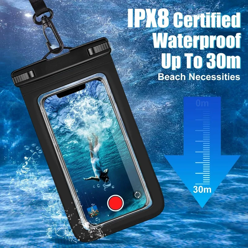 2 Pack Universal Waterproof Phone Pouch 25x15cm, IPX8 Up to 30m, Screen Touch Friendly for Beach Pool, Black and Cyan Set