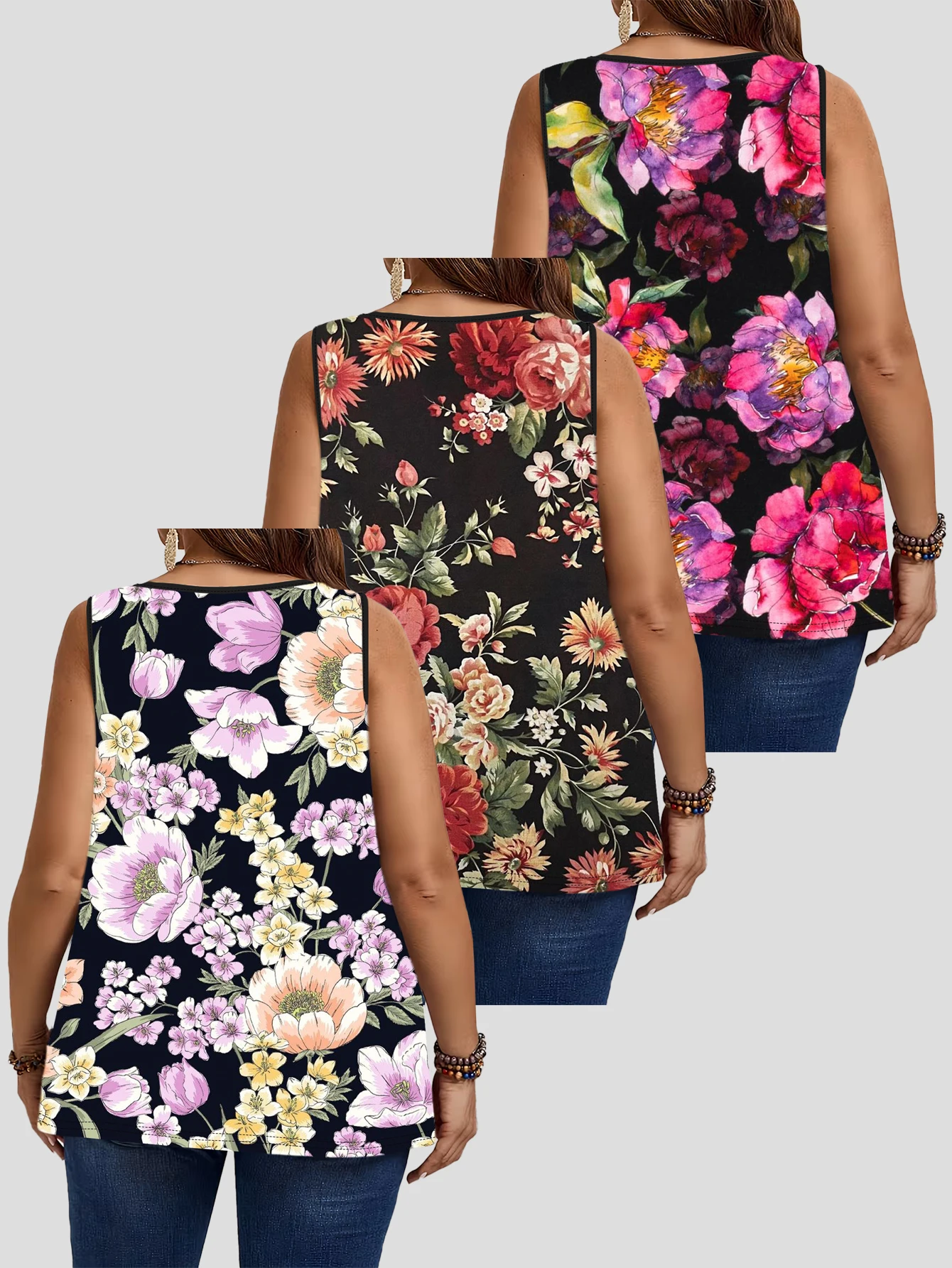 3-Piece Set of Plus-Size Women's Vintage Black Mixed-Color Floral Print Tank Tops, Round-Neck Loose Sleeveless Tops