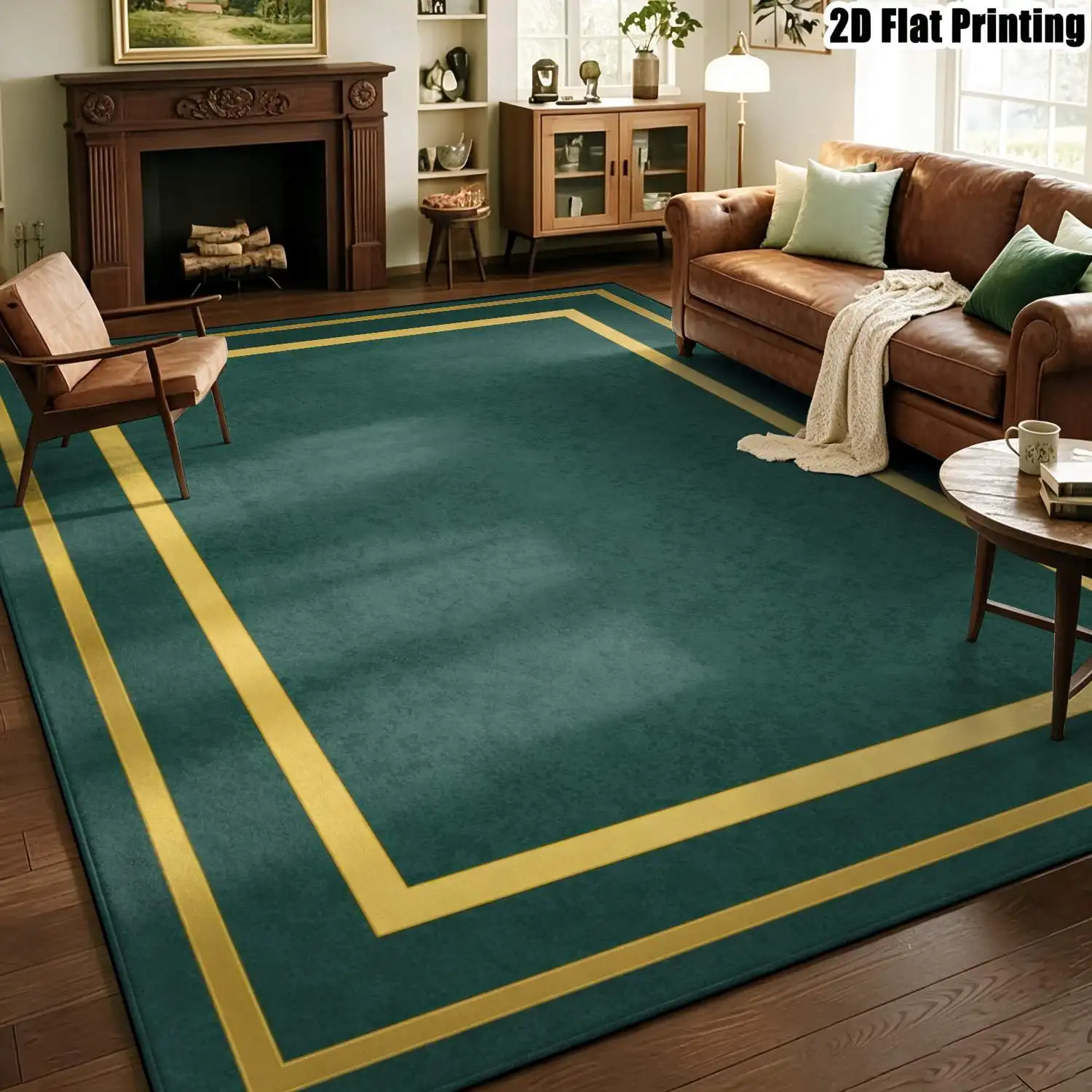 1Pc 2D Printed Dark Green Gold-Edged Geometric Carpet: European Retro Minimalist Style, Ideal Home Decor, Multi-Size, Machine Washable, Suitable for Entrance, Dining Room, Foyer, Bedroom, Living Room