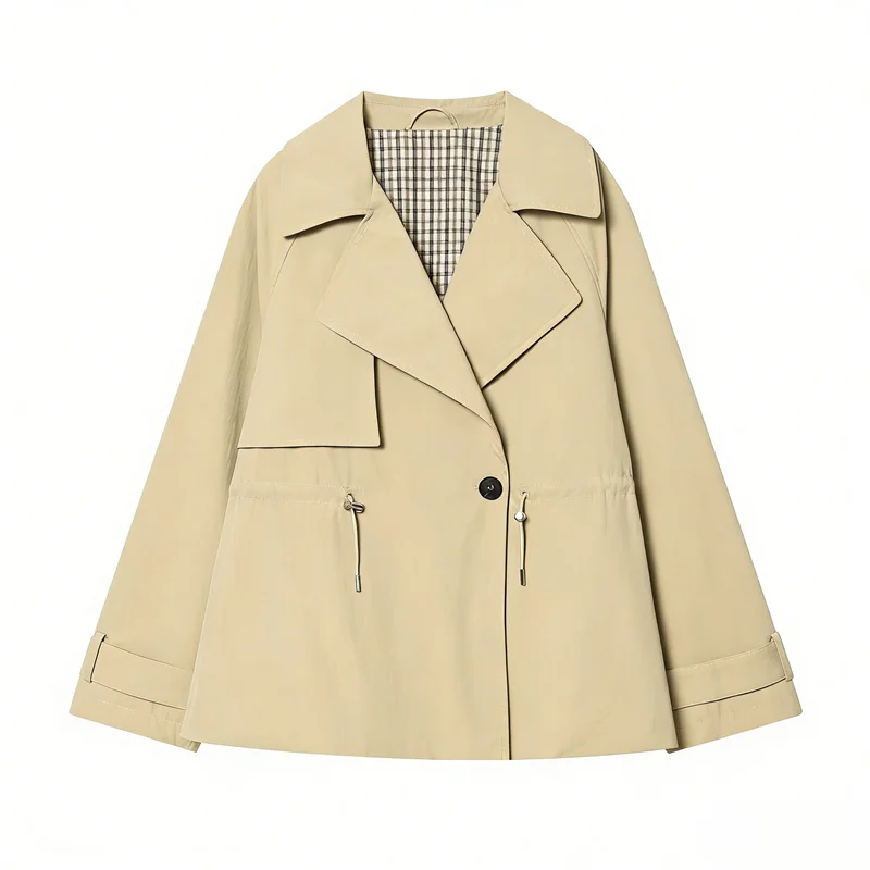 Damesjas 2026 Lente Nieuwe Stijl Khaki Lange Mouwen Trekkoord Britse Stijl Korte Trenchcoat Modieus en Stijlvol