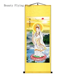Customized Chinese Style Silk Cloth Guanyin Portrait Hanging Painting, Household Offering Buddha Statue Scroll Feng Shui People