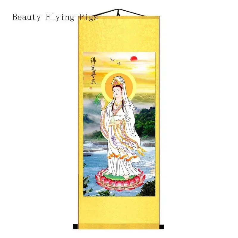 Customized Chinese Style Silk Cloth Guanyin Portrait Hanging Painting, Household Offering Buddha Statue Scroll Feng Shui  People