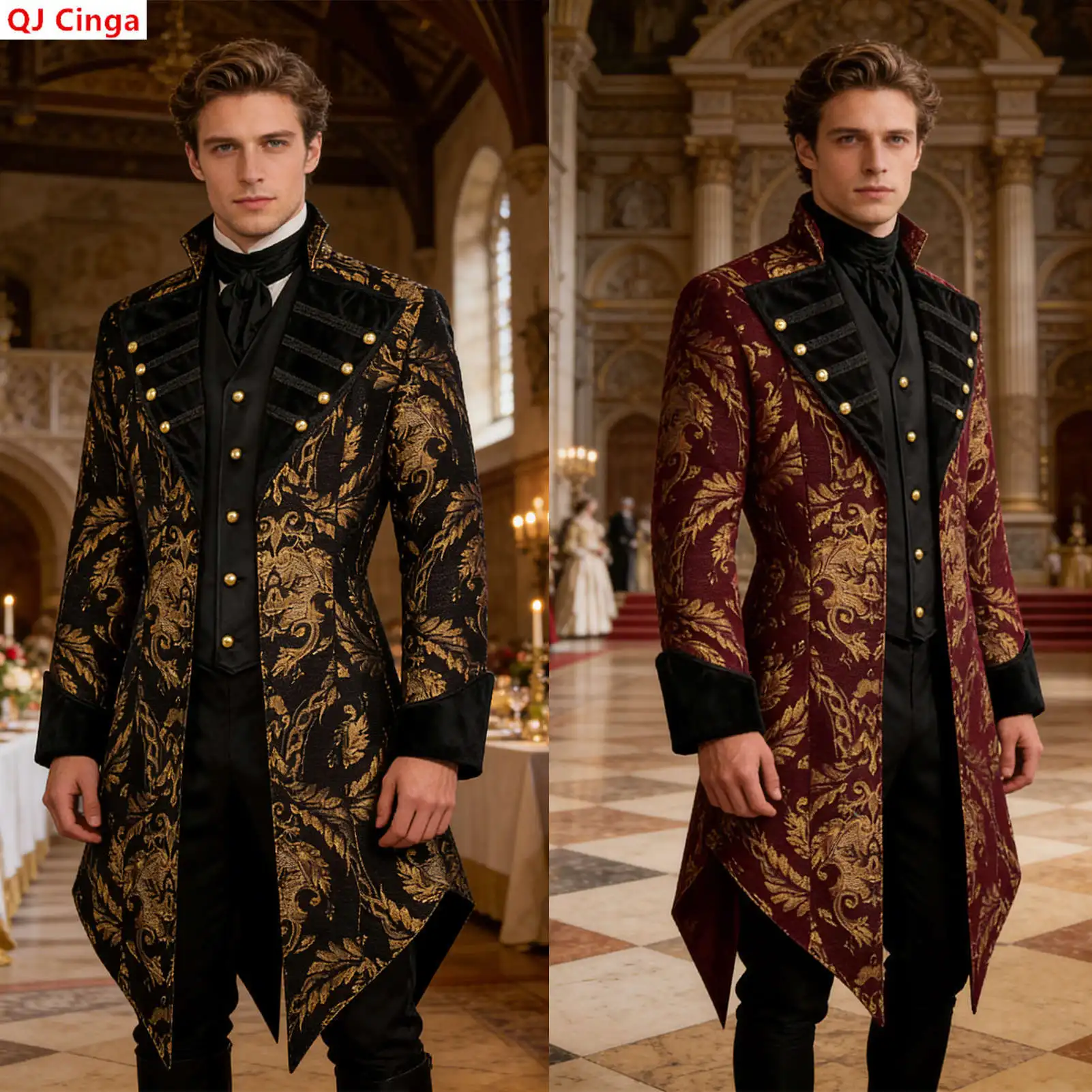 

Medieval Gothic Trench Coats, Victorian Tailcoats, and Steampunk-style Men’s Long Jackets. Available in Black and Red.
