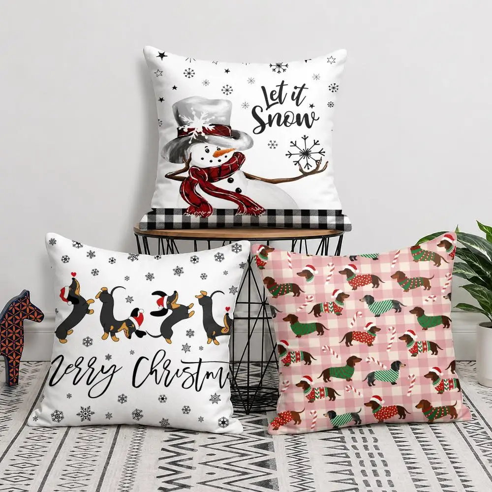 Hristmas Dachshund Checkered Cushion Cover Soft Short Plush Double-Sided Printing Home Decor Festival Party Pillow Case Gift