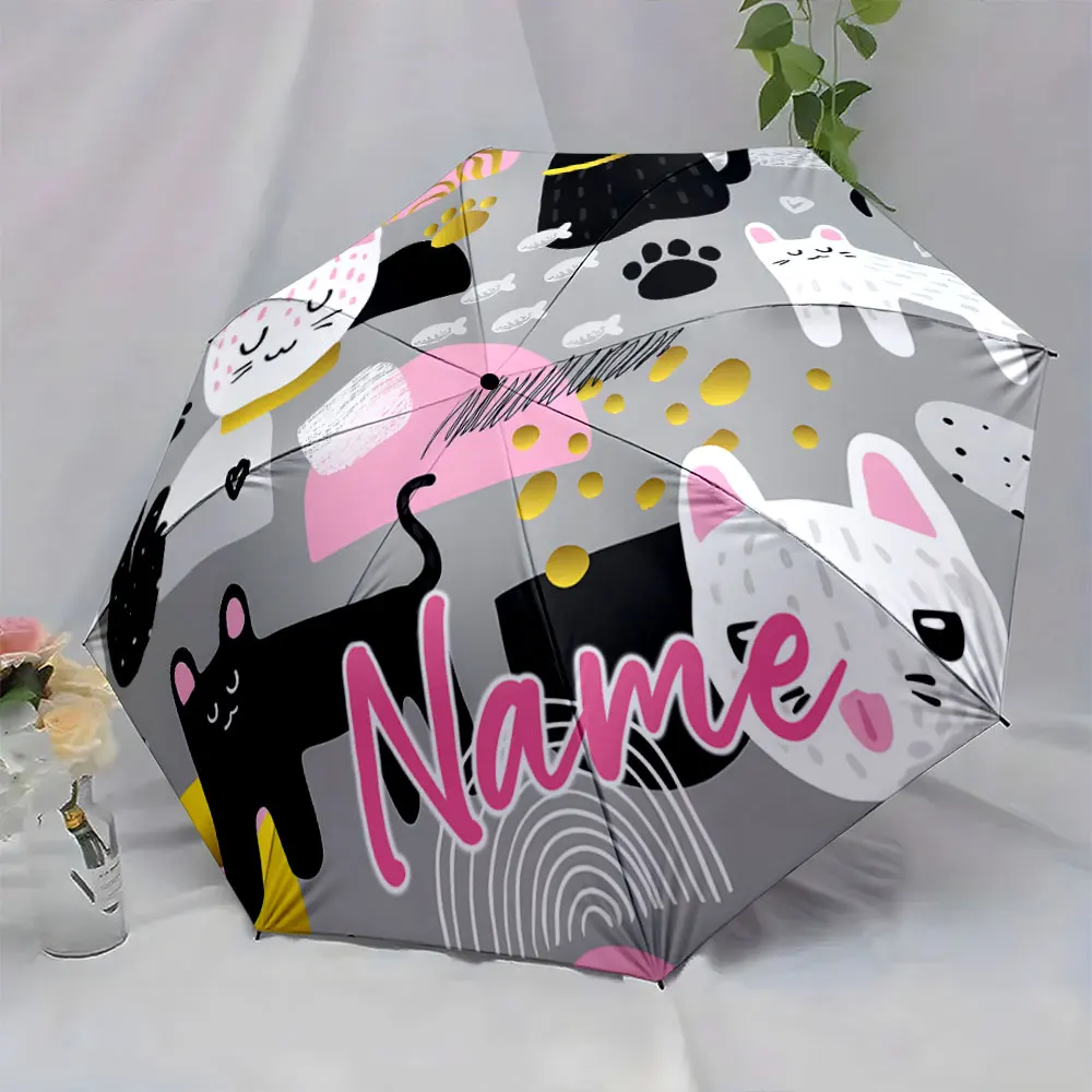 Custom Name Umbrella Whimsical Cat Patterns on Stylish Umbrella Print 8 Iron Ribs Folding Umbrella Auto-Open Fashion Sunshade