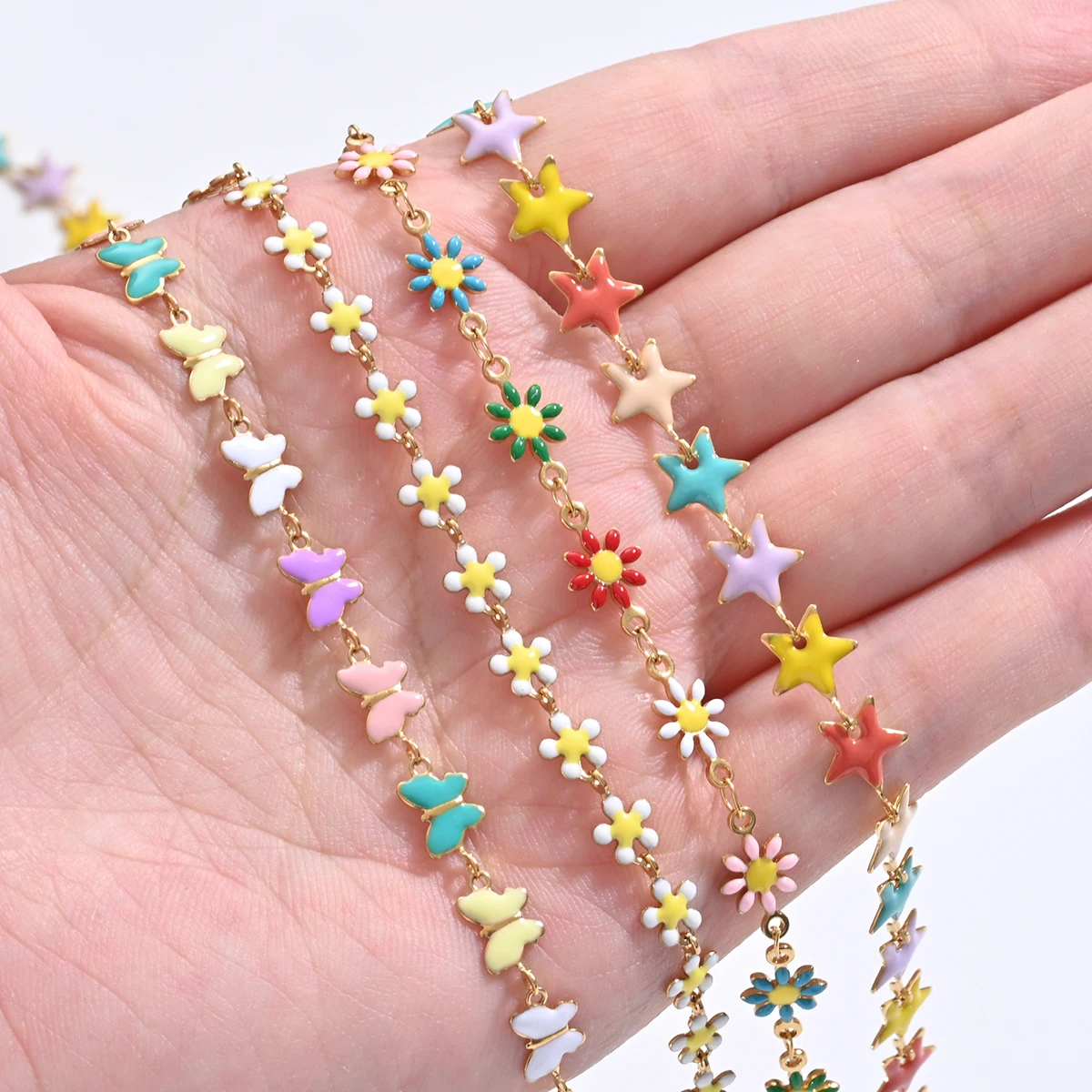 Großhandel 1m/Stück Gänseblümchen-, Stern- und Schmetterlings-Emailleketten für DIY-Schmuckherstellung, Edelstahl-Zubehör – Detail 5