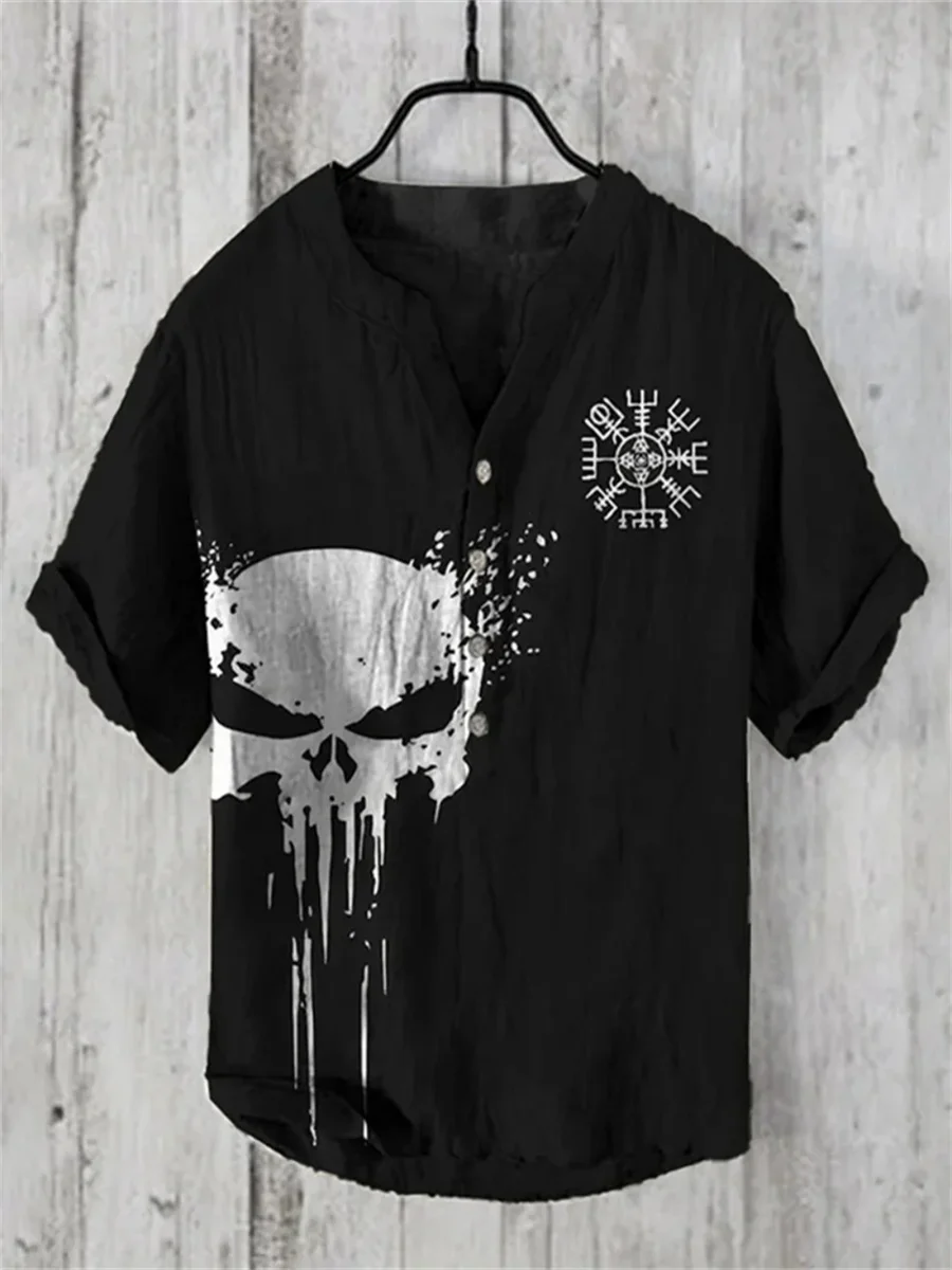 Summer 2025 New Art Print Pattern Men's Linen Shirt V-Neck Short Sleeve Comfortable Vintage Shirt