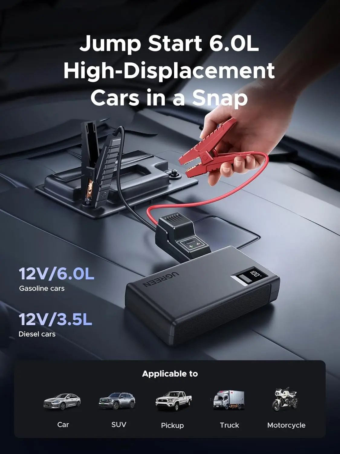 UGREEN Jump Starter Power Pack 1000A Car Battery Booster, 12000mAh Car Jump Starter Power Bank with Digital Screen