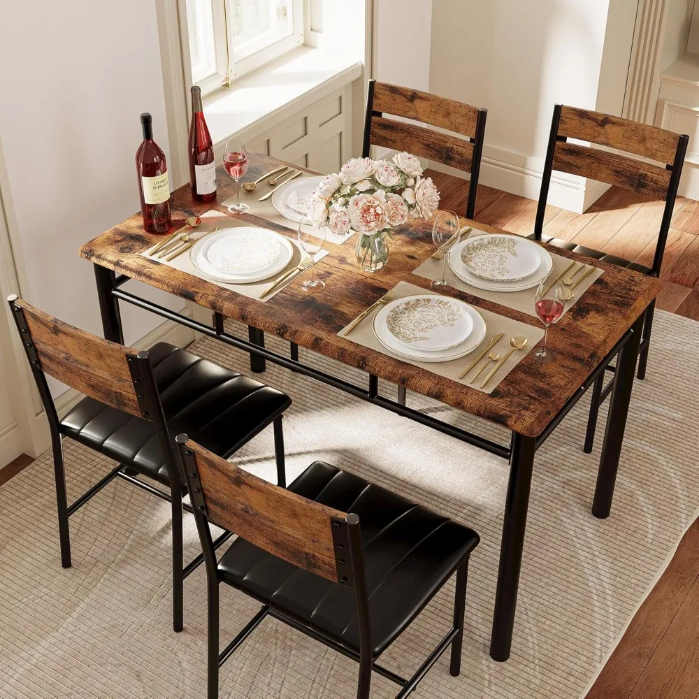 Juego de mesa de comedor para 4, mesa de cocina de madera con sillas tapizadas para cocina y espacios pequeños, marrón rústico