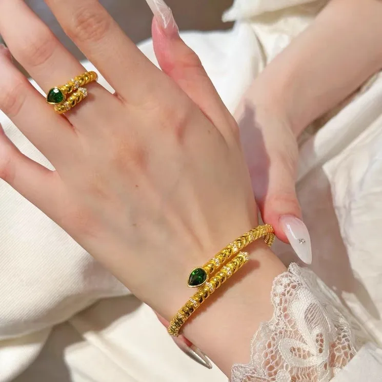 Premium 9999 Gold Light Luxury Bracelet Ring Set Women\'s Fashion Noble Zodiac Year Snake Bracelet Open Band Ring
