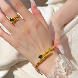 Premium 9999 Gold Light Luxury Bracelet Ring Set Women's Fashion Noble Zodiac Year Snake Bracelet Open Band Ring