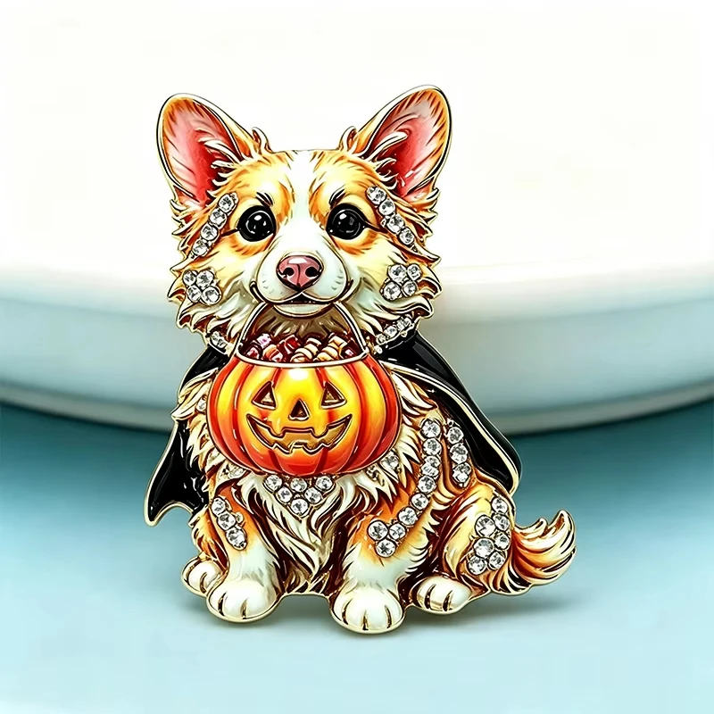 FTCY Cute Pumpkin Corgi Dog Brooches For Unisex Vintage Halloween Corgi Brooch Cute Animal Badge Decor Suit Scarf Jewelry Gift