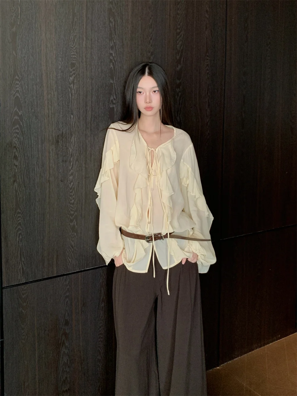 CHEERART Ruffles V Neck Tie Front Blouse For Woman Sheer Lantern Long Sleeve Top Fall Fashion Chiffon Blouses 2025 Clothing