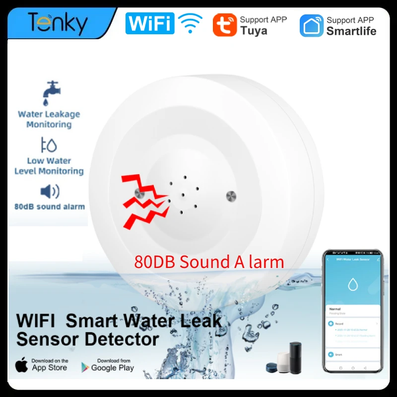 tuya wifi detector de vazamento de agua sensor de vazamento de agua 80db som monitor de nivel de agua baixa alarme smart home security protection 01