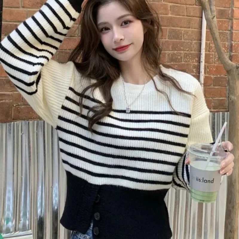 Ulzzang Pullover per le donne Giovani Casual College Caldo Autunno Inverno Ins Bottoni a righe O-Collo Allentato Manica lunga All-match Ragazze