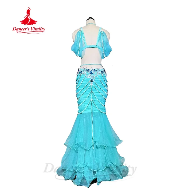 BellyDance Set Women\'s Customized Luxury Rhinestone Bra+Exquisite Pearl Fishtail Skirt 2pcs Oriental Dance Performance Clothing