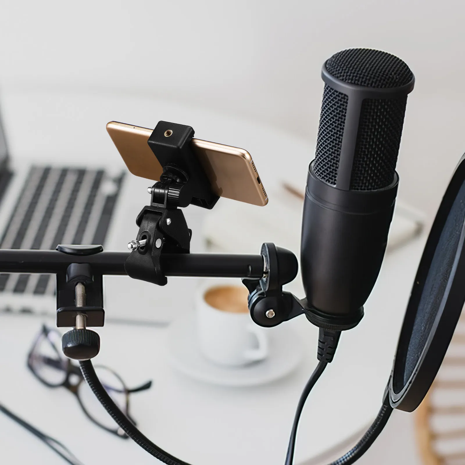 1Set Microphone Stand Rotating Phone Holder Clamp Adjustable Secure Clip for Recording and Bike Mount Mic Stand Phone Holder