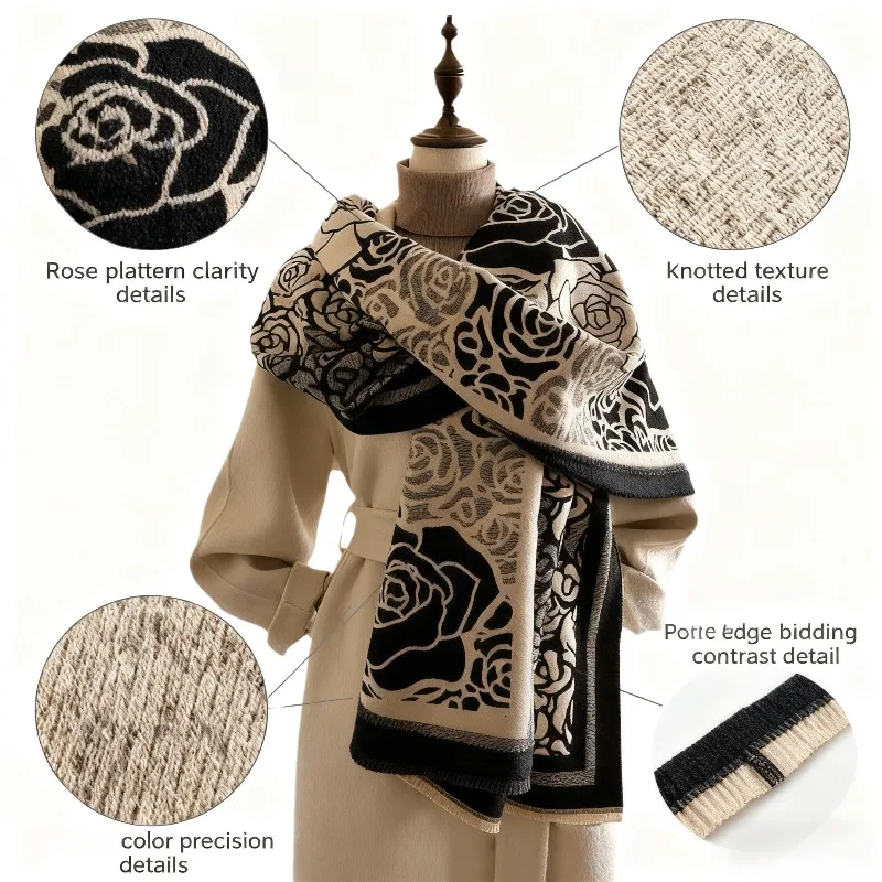 

Новый дизайн, шарф с розовым узором, шаль с цветочным принтом в стиле ретро, теплая накидка в винтажном стиле для женщин