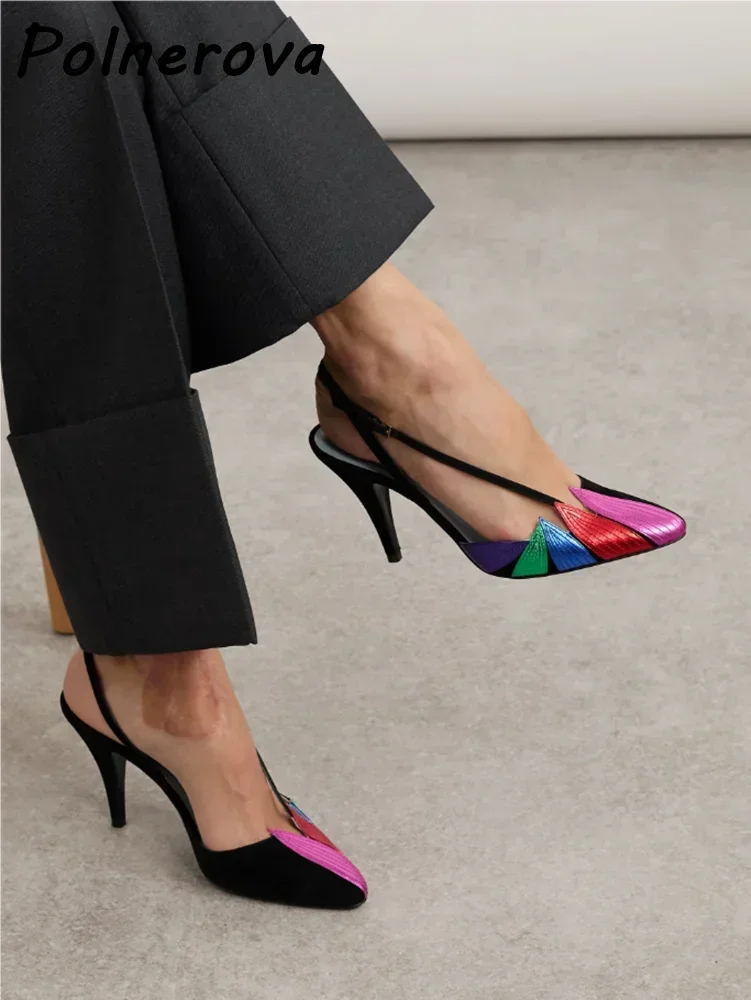 

Black Colorful Leaf Sandals Buckle Strap Slingback Patchwork Pointy Toe Mid Heels Shoes Summer Elegant Women Runway Dress Shoes
