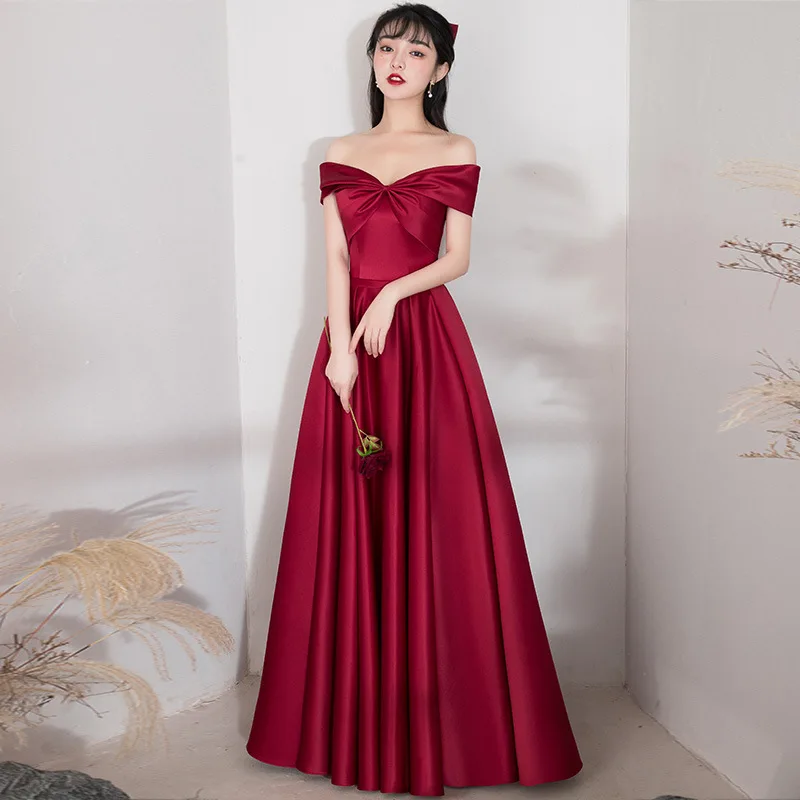 

Off The Shoulder Satin Evening Dresses Burgundy Women's Slim A-Line Floor Length Party Gowns Female Formal Banquet Dress