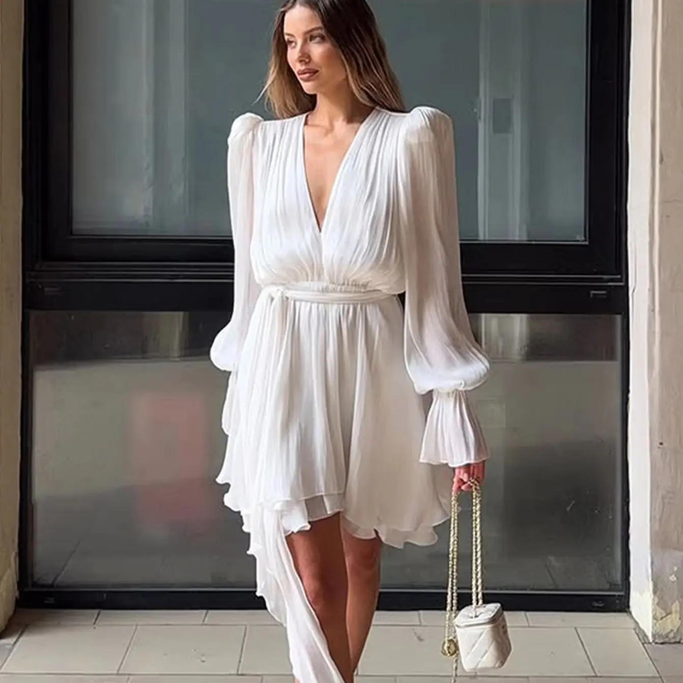 

WXOY Women's Retro Chic Dress Deep V-Neck Long Sleeve Waist Tie Ruffle Mini Swing Fit and Flare Skater Dresses