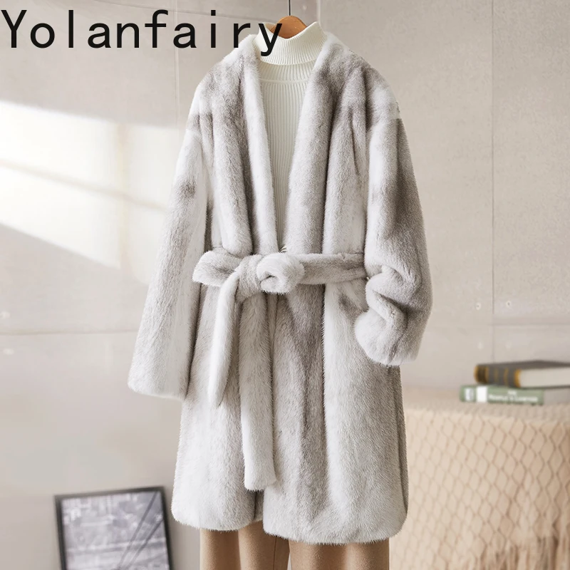 YOLANFAIRY Natural Fur Coat Cross Mink Fur Jackets for Woman Winter Elegant V-neck Mid-length Whole Mink Fur Coat Lace-up Abrigo