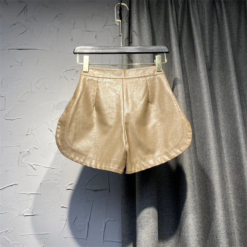 Shorts de couro cintura alta para mulheres, calça casual para senhoras, calça curta elegante para todos os jogos, café preto