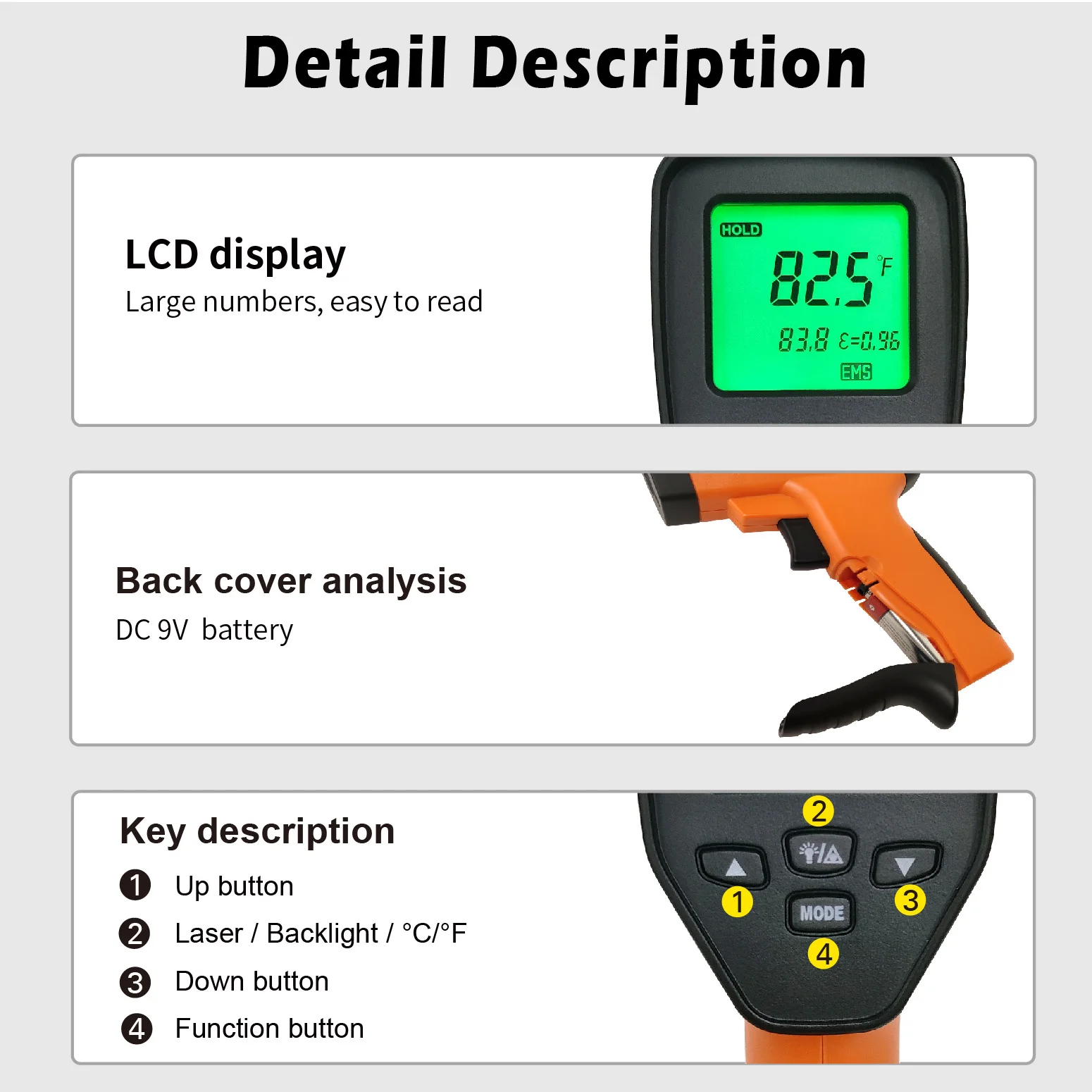 Digital Thermometer Kitchen Non-contact industrial Infrared Laser LCD Color Screen Thermometer Temperature Gun Tester-50-750