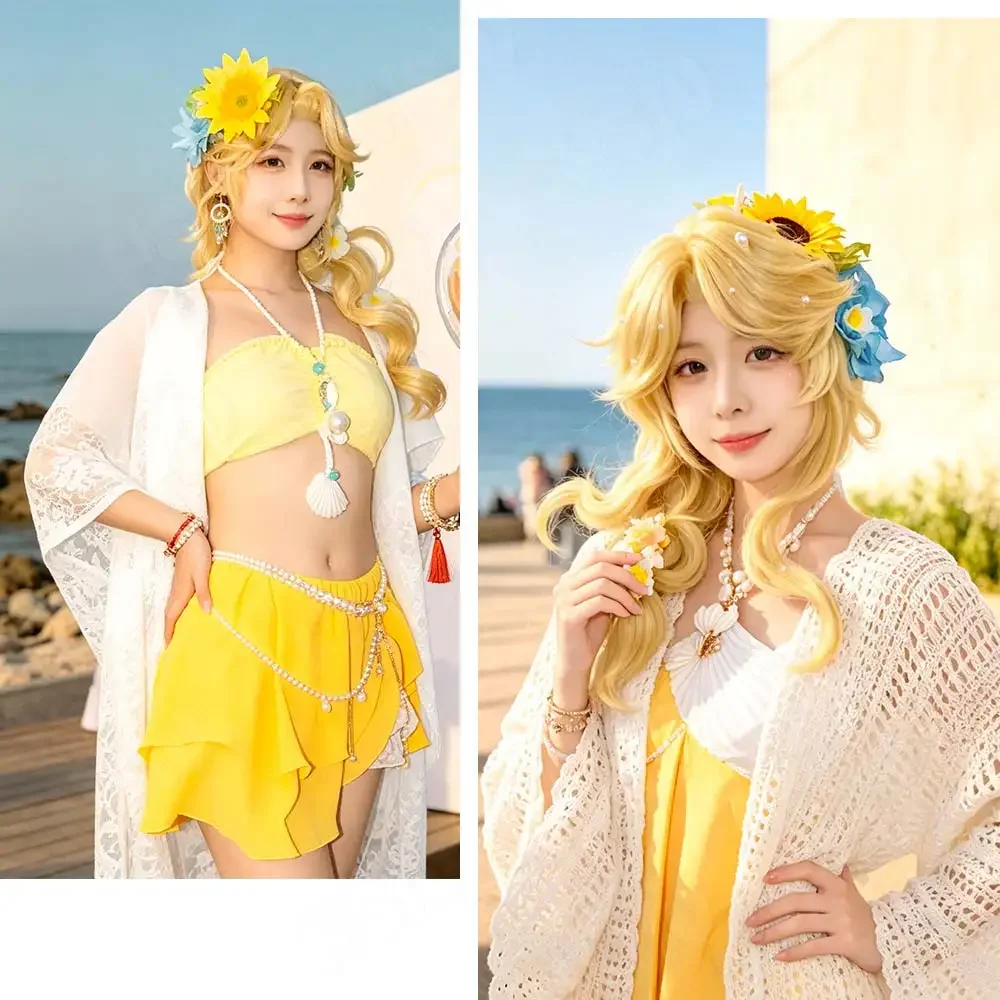 Heat Resistant Synthetic Fibers Wig Grace Naiad Identity V Long Yellow Curly Free Cap DIY Styling Kits for Pro Fans