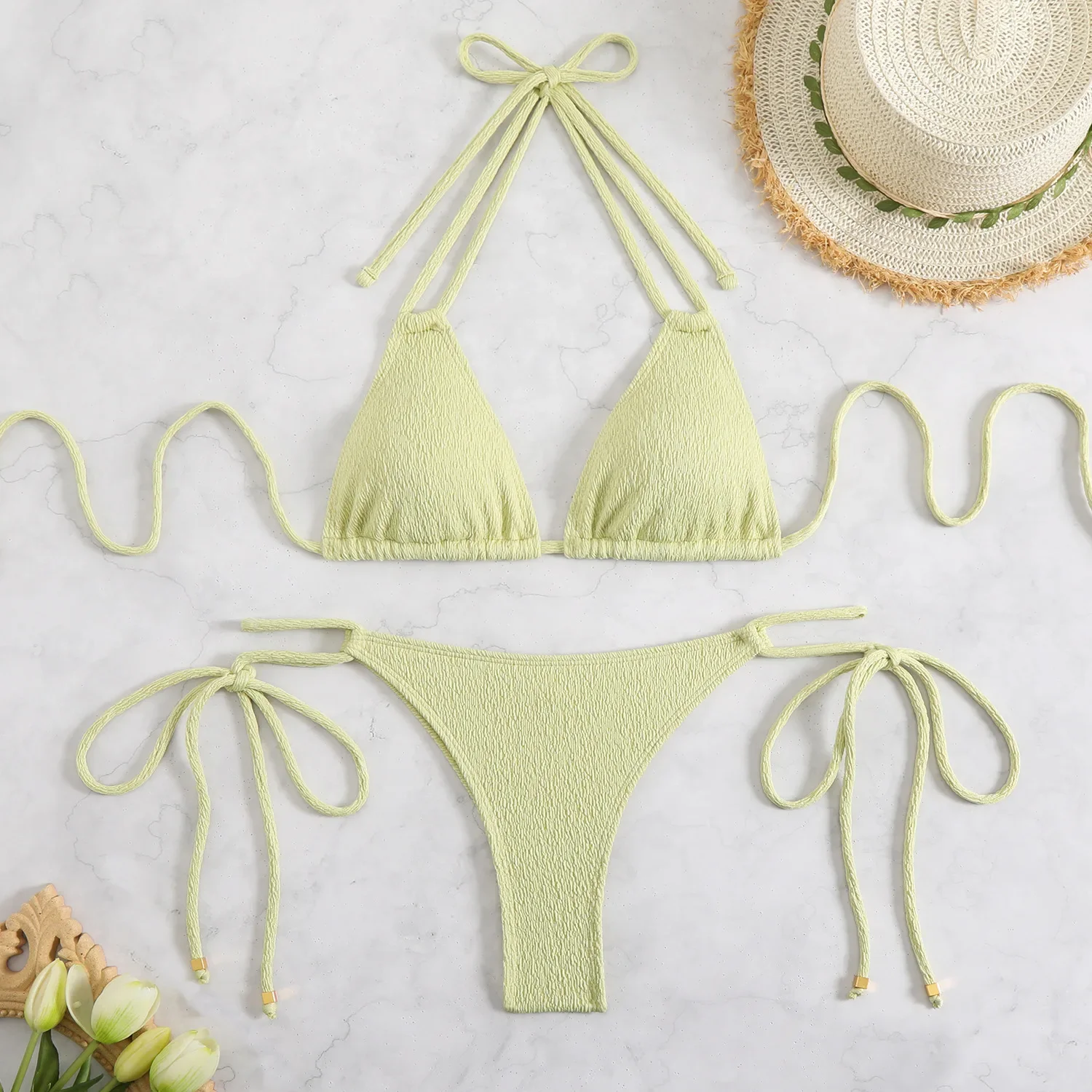 

2025 Triangle String Bikini Women Halter Swimsuit Solid Sexy Padded Swimwear Female Bathers Bathing Swimming Swim Suit Beach