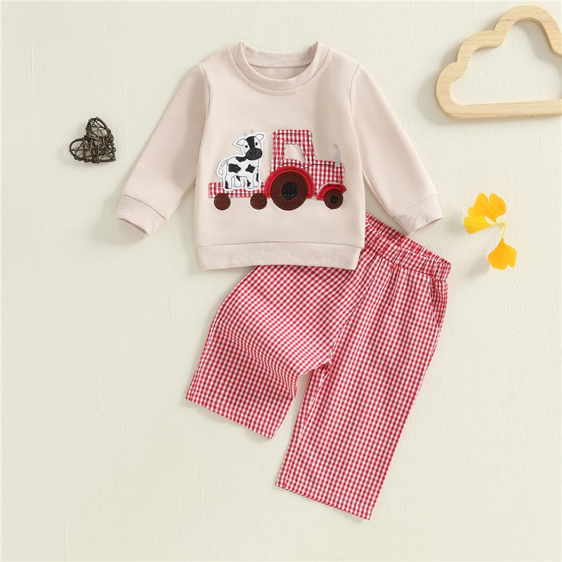 

Toddler Baby Boy Fall/Winter Clothes Outfit Cow Tractor Patch Crew Neck Long Sleeve Sweatshirt with Plaid Pants 2 Pcs Set