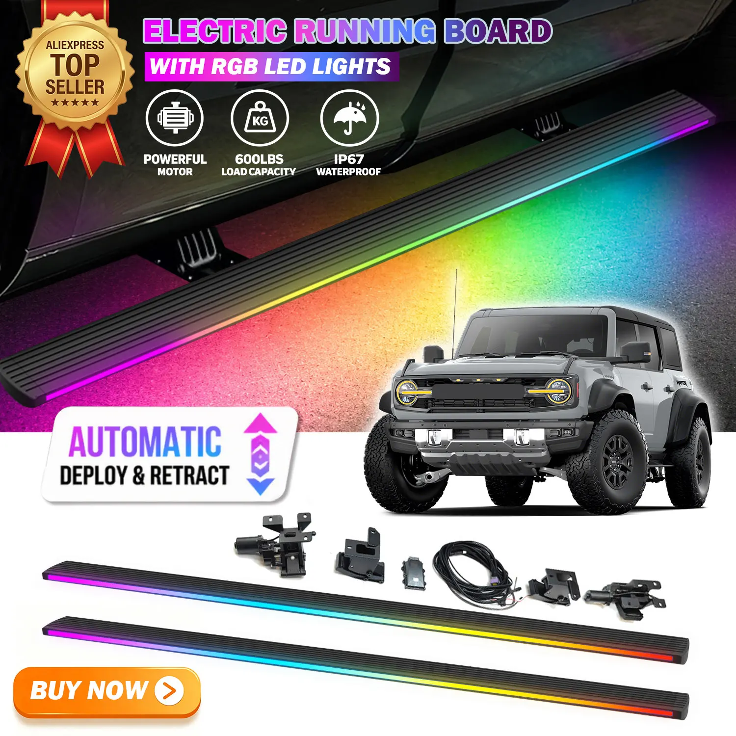 Deployable Power Electric Running Boards Fits For  Ford Bronco 4DR 2021-2026 with LED Light Strips Side Step Nerf Bars