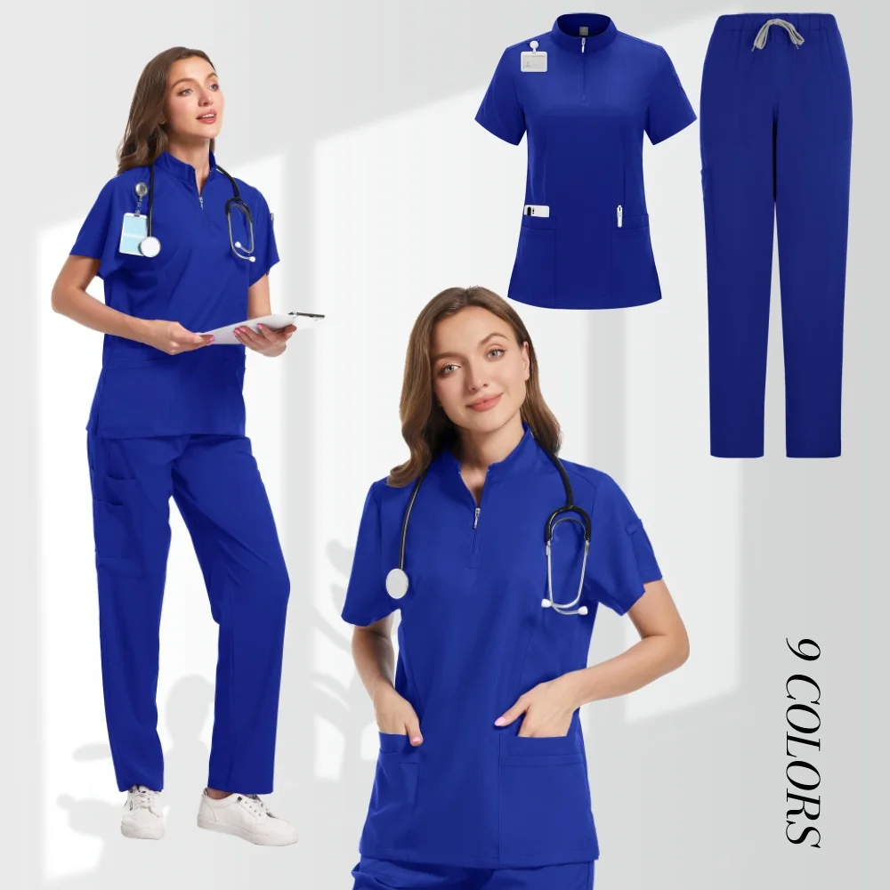 

Collar Zipper Doctor Nurse Work Uniform Hospital Medical Surgical Gown Operating Room Straight Leg Pants Solid Color Scrub Sets