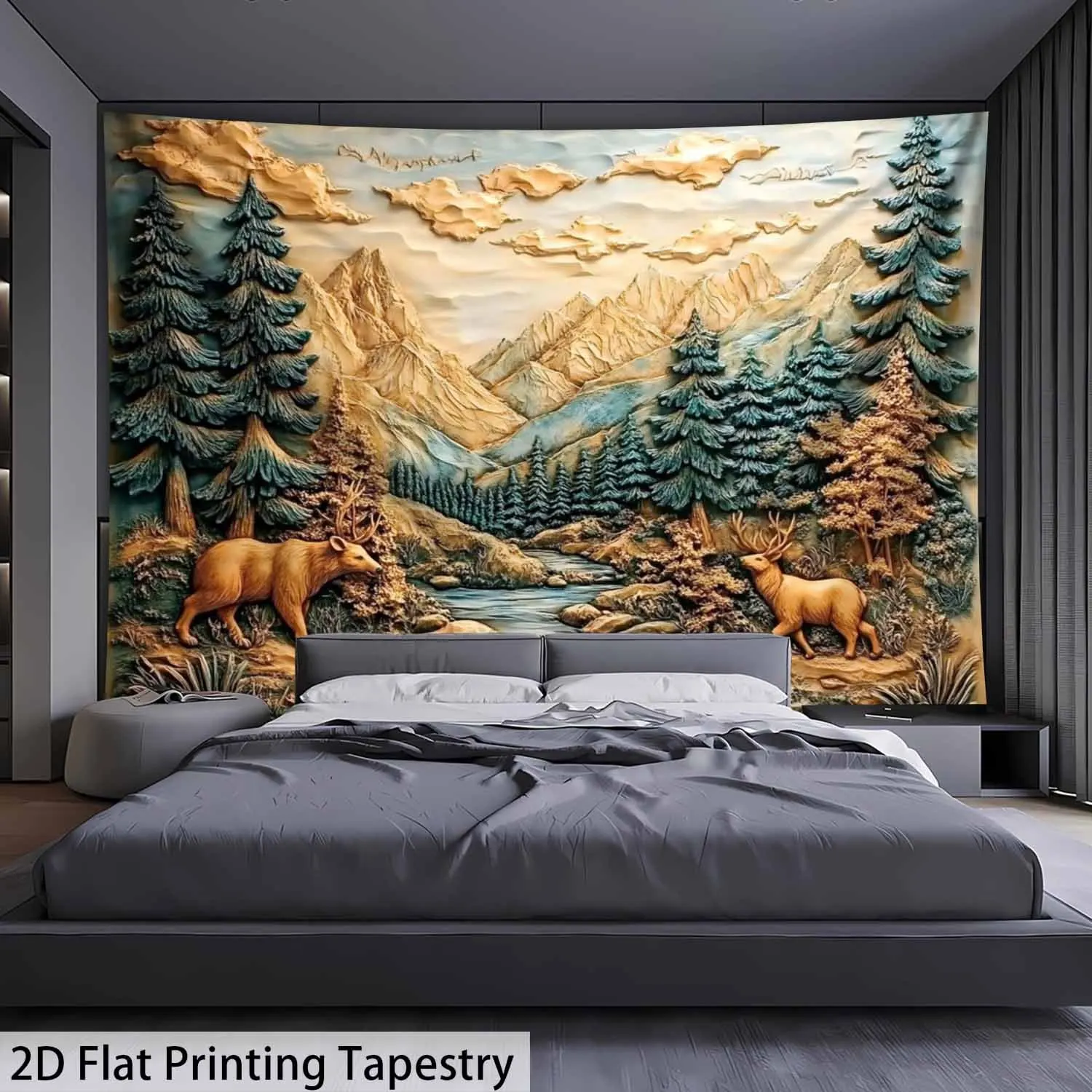 Wild Deer Scene Tapestry Pine Trees Stream Background Wildlife Decor Wall Hanging for Living Room or Bedroom Decoration
