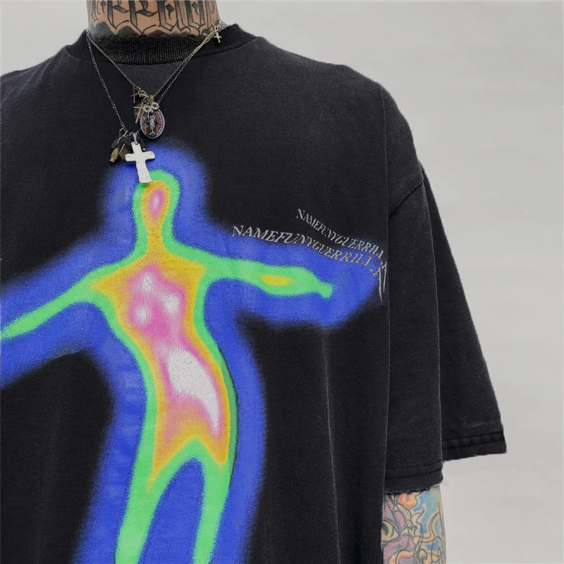 T-Shirt oversize estiva donna Y2k T-Shirt Harajuku a maniche corte con stampa verticale distorta Hip Hop Streetwear T-Shirt da uomo Tee Top