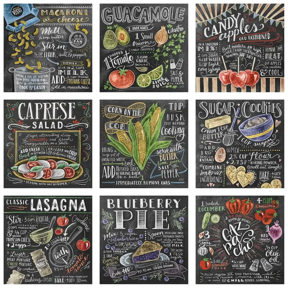 Vintage Tin Food Cooking Recipe Sign, Home Kitchen Metal Wall Decor, Pesto Salad Lasagna Pie Gazpacho Wall Art Poster