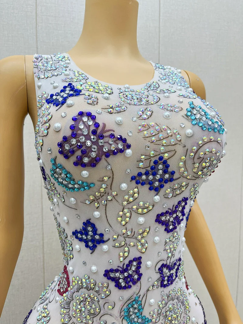 Costume Diamante bianco con spacco alto Farfalla Ricamo Atmosfera elegante Bar da sera Discoteca Danza Abito da ospite di nozze Donna