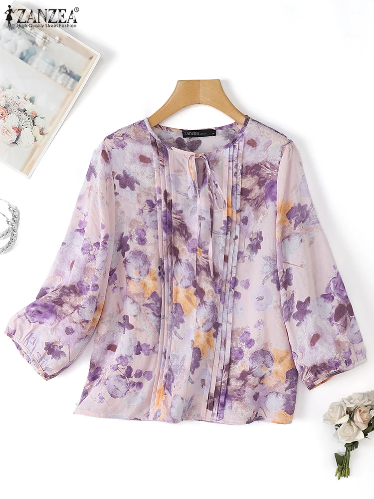 

Women Blouse ZANZEA Summer Tunic Tops 2025 Fashion Bandage Floral Print Casual Bohemian Shirts 3/4 Sleeve Pleated Vintage Blusas