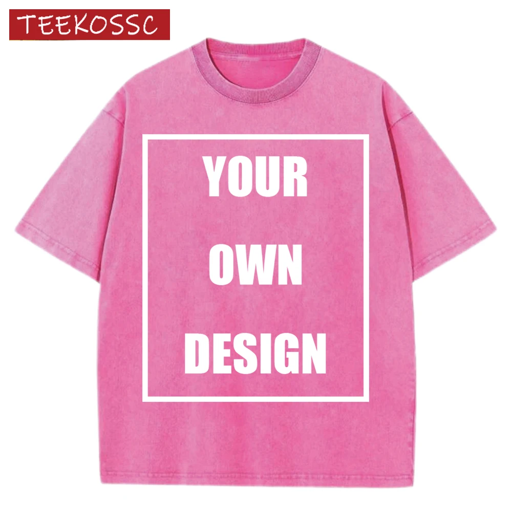 Custom Your Logo Print Summer Cool Snow Wash T-Shirt Cotton Casual Loose Short Sleeve Fashion Retro Tee Soft Couple Streetwear