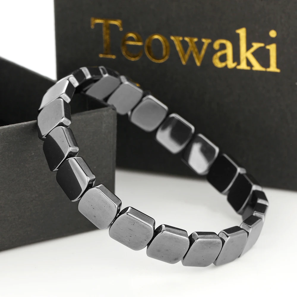 Teowaki Simple Polished Natural Black Hematite Elastic Bracelet Gloss Rounded Square Beads Classic Men Holiday Present 18-19cm